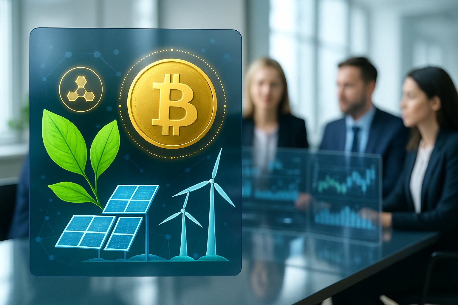 A group of professionals discussing cryptocurrency and environmental data in a modern office with digital screens and eco-friendly elements.
