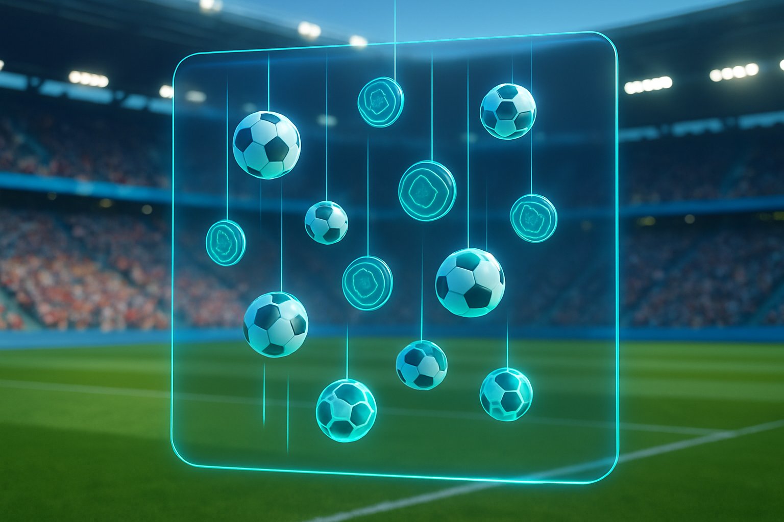 A stadium filled with fans watching digital football tokens descending from the sky, representing a football-themed airdrop event.