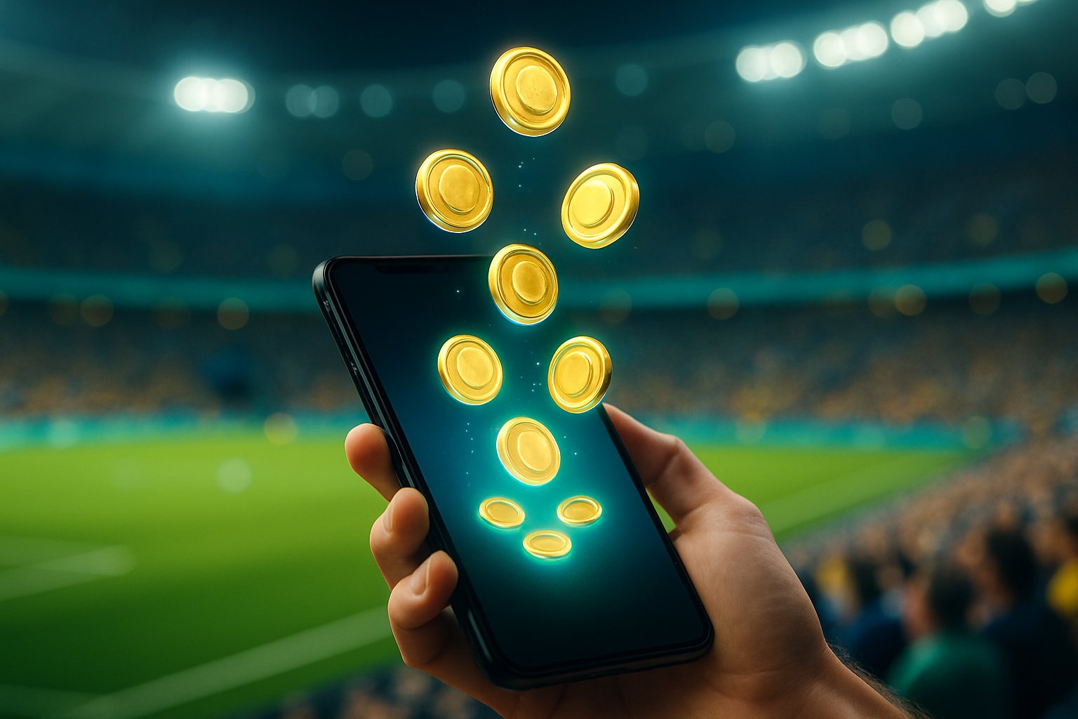 A person holding a smartphone showing glowing digital tokens floating above the screen with a football stadium in the background.