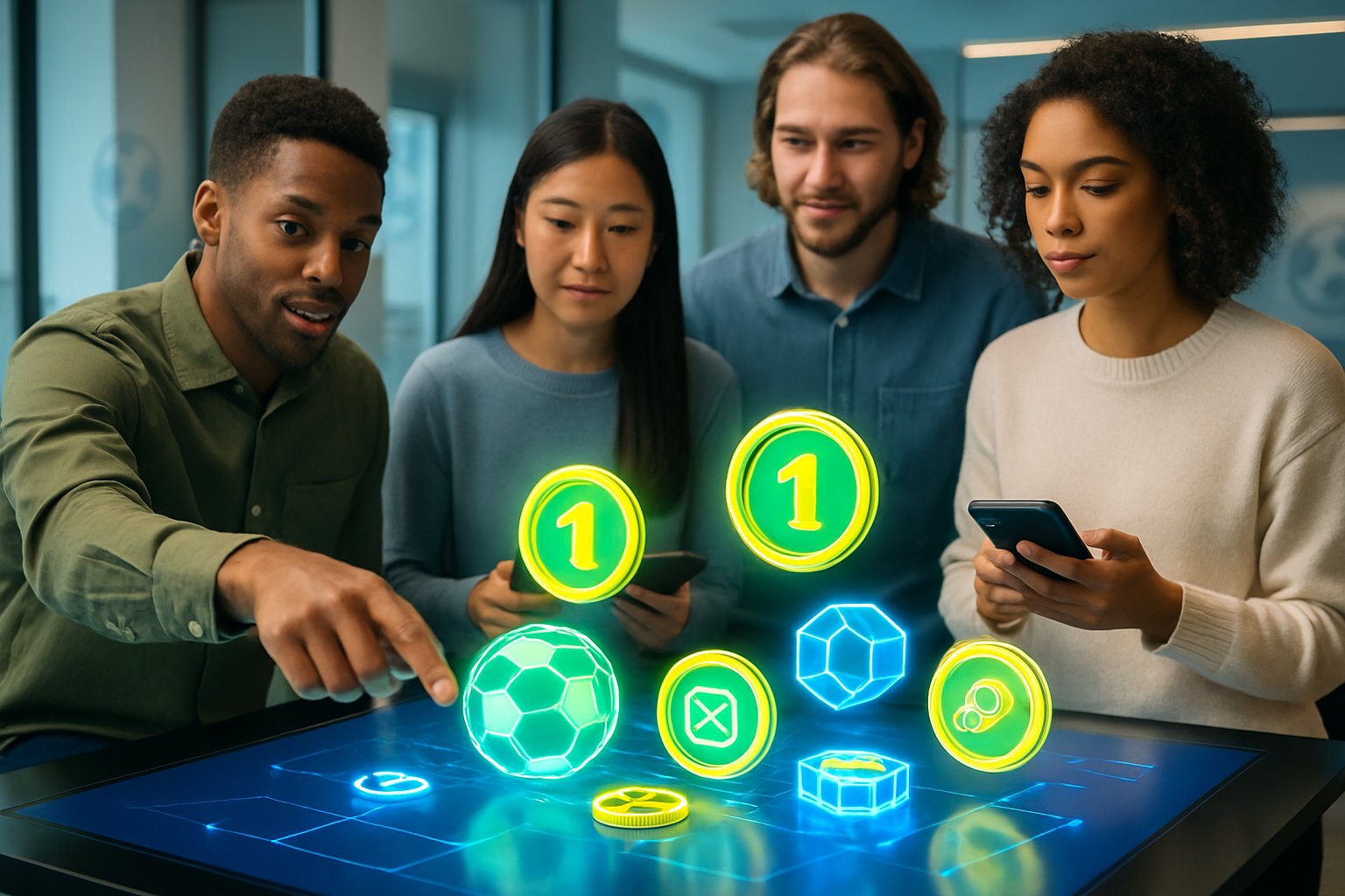 A group of young adults gathered around a touchscreen table displaying digital football tokens, engaging with technology in a modern office setting.