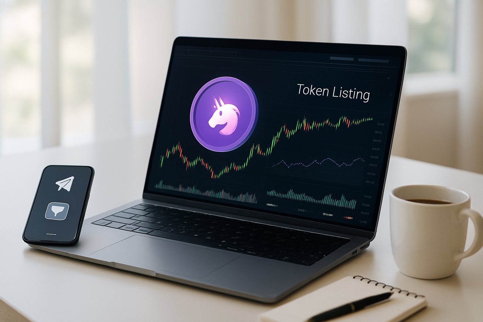 A laptop on a desk showing cryptocurrency charts with a smartphone and coffee cup nearby in a bright workspace.