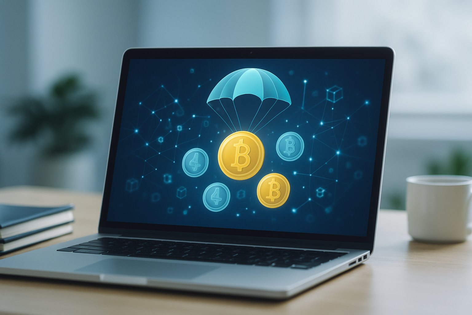 A laptop on a desk showing floating digital cryptocurrency tokens and connected network lines representing airdrop rewards and earning opportunities.