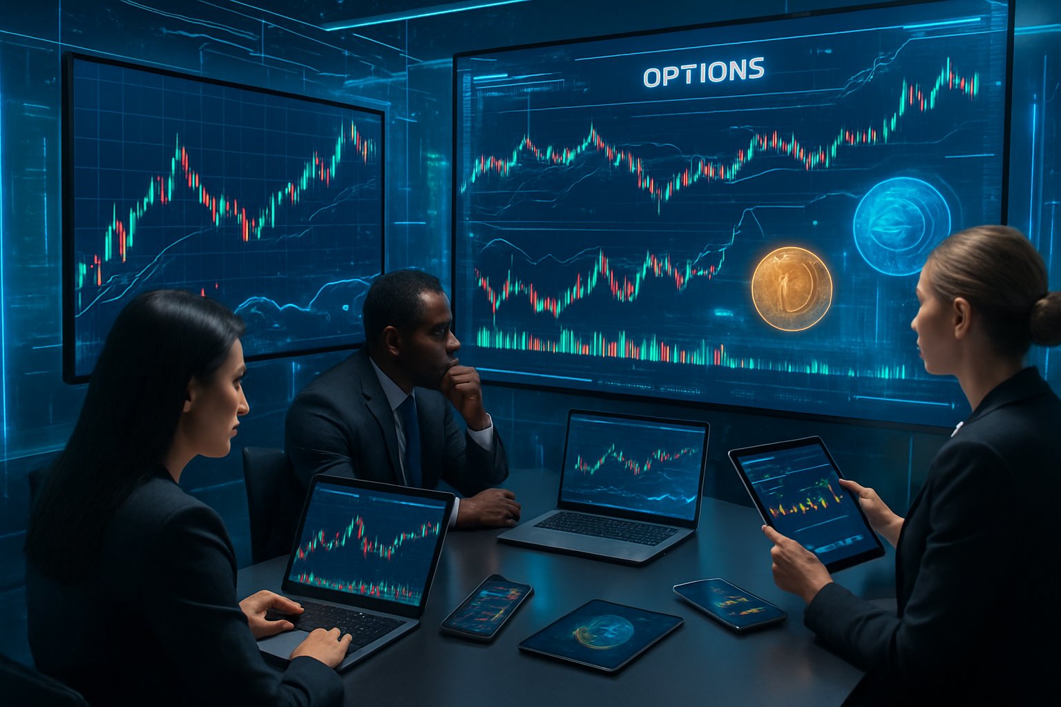 Business professionals analyzing digital screens with stock and cryptocurrency charts in a modern trading office.