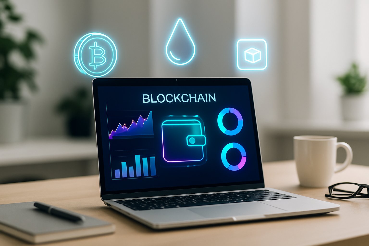 A modern workspace with a laptop showing blockchain and cryptocurrency interfaces, surrounded by floating digital icons representing tokens and airdrops.