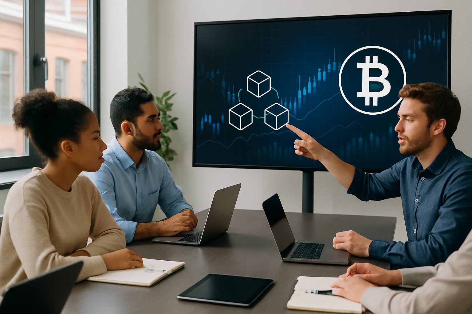 A group of professionals discussing financial data on a digital screen in a modern office.