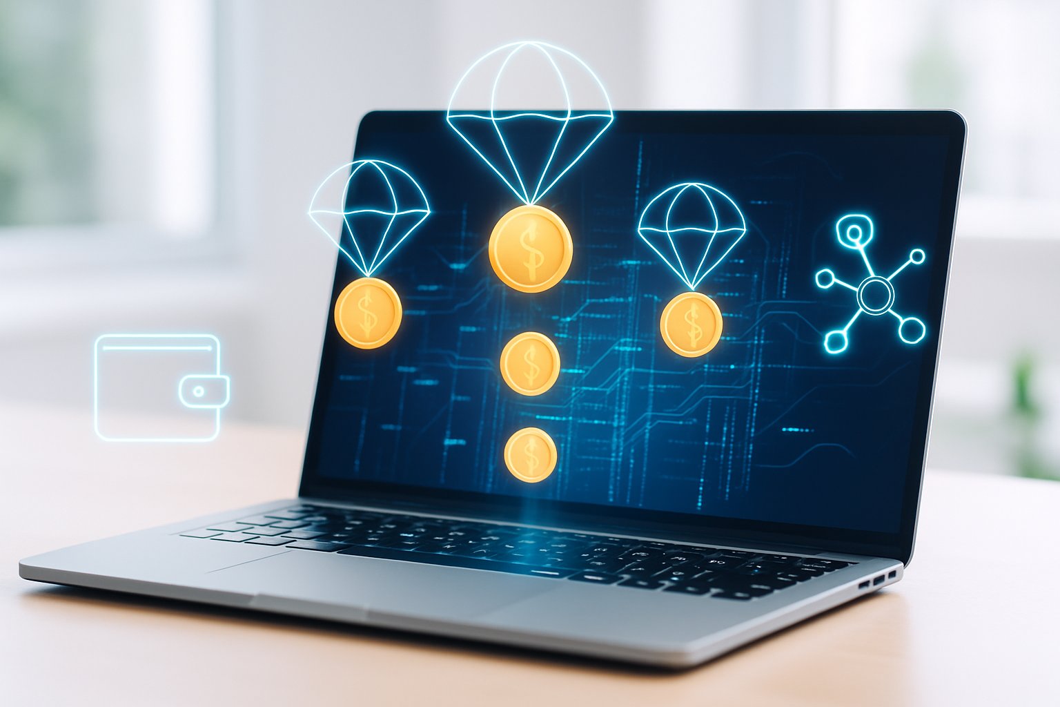 A laptop showing a digital blockchain interface with floating cryptocurrency tokens and holographic icons in a bright office setting.