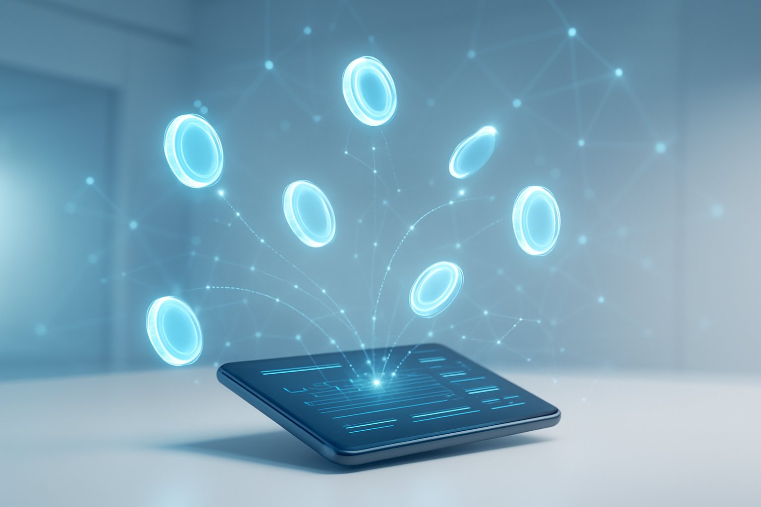 A futuristic digital interface showing glowing holographic tokens being transferred in a clean, modern tech environment.