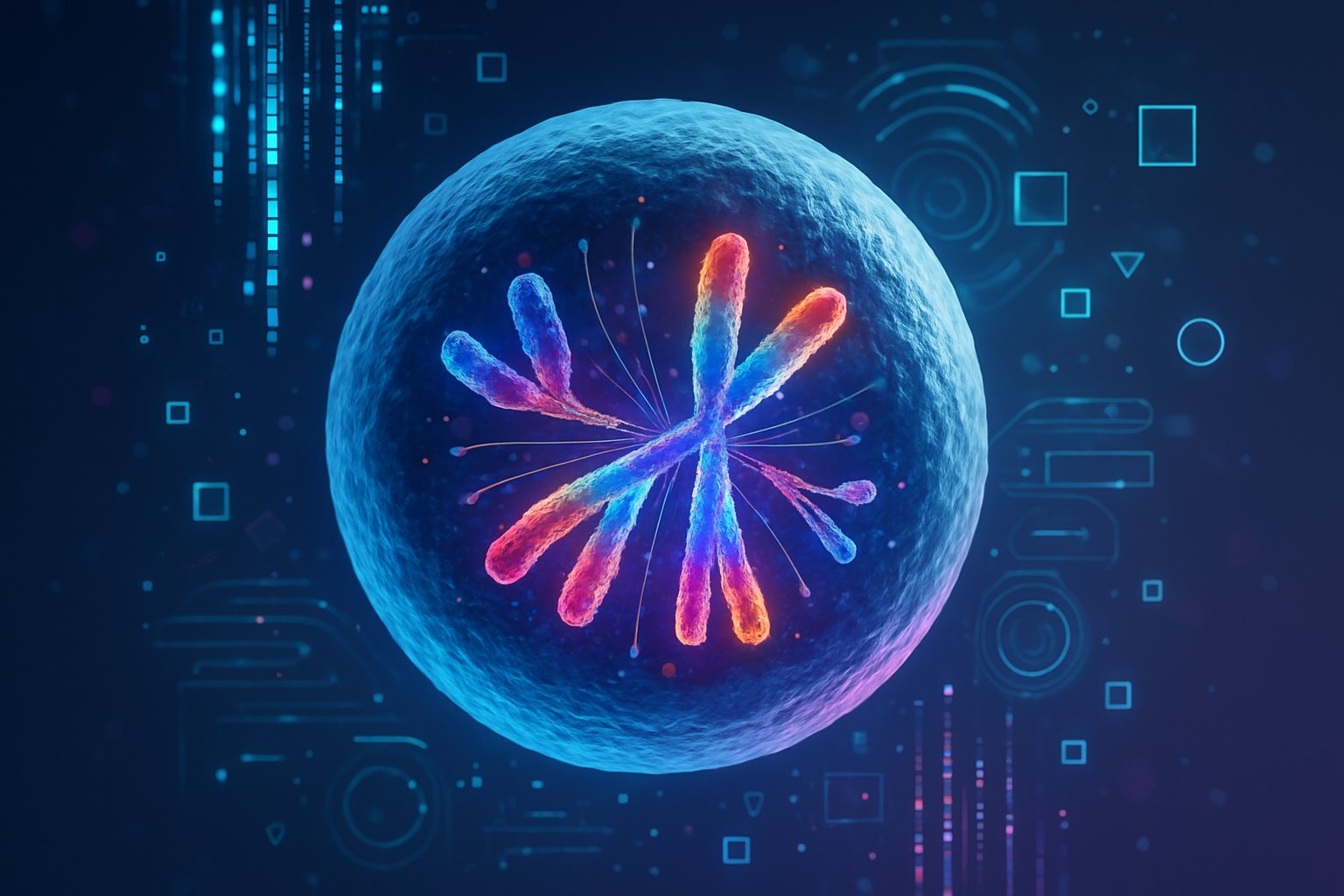 Close-up of a human cell dividing during mitosis surrounded by glowing digital data streams and holographic shapes.