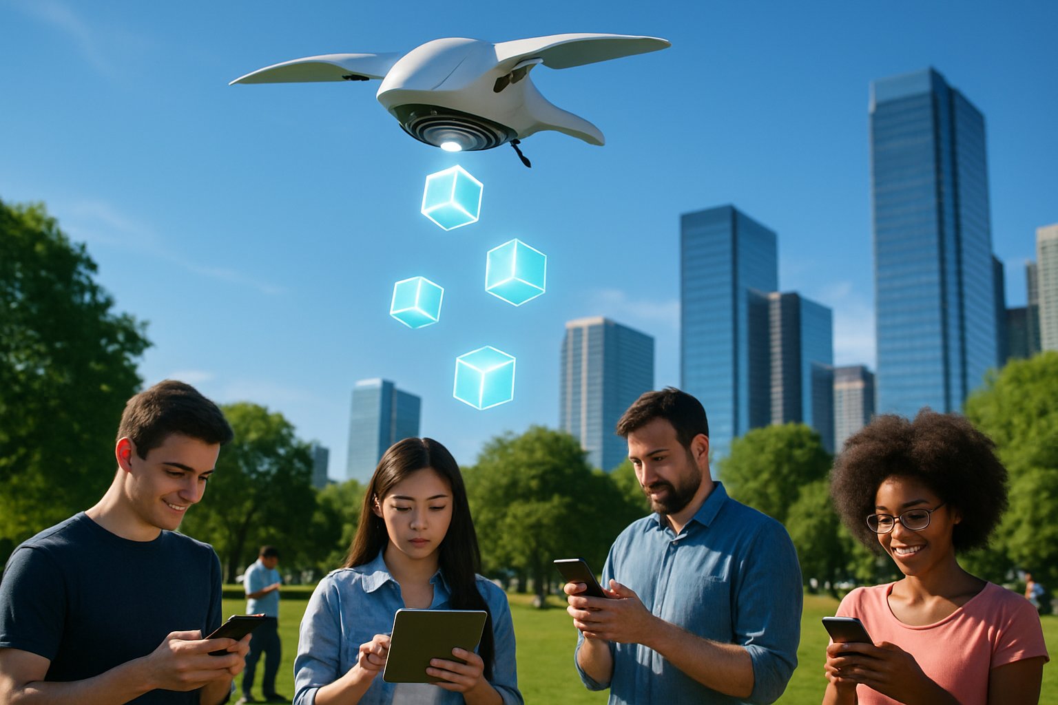 A drone releasing glowing packages while descending over a city park with people using smartphones.
