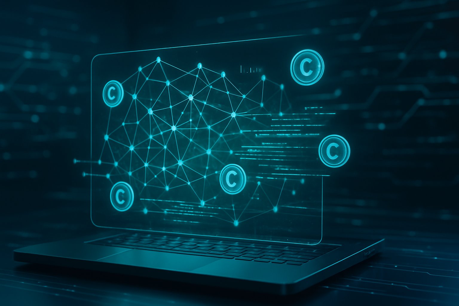 A futuristic digital network with glowing data streams and floating cryptocurrency icons representing a digital asset transfer.