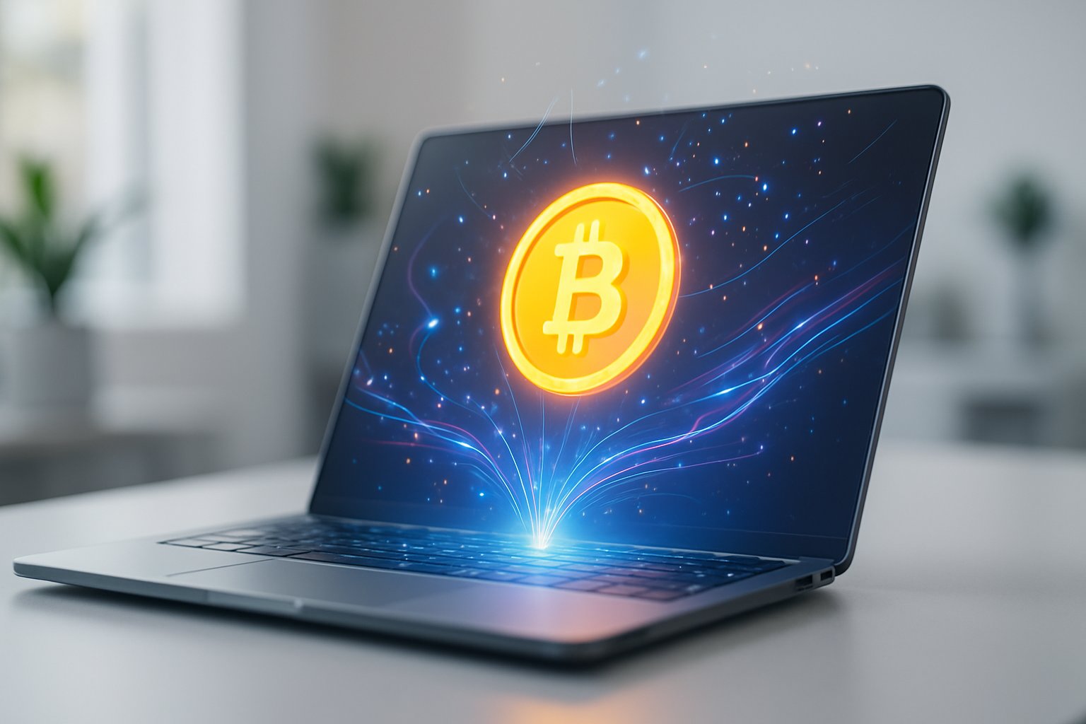 A digital token hovering above a laptop screen in a modern office setting with glowing light effects and abstract digital elements.