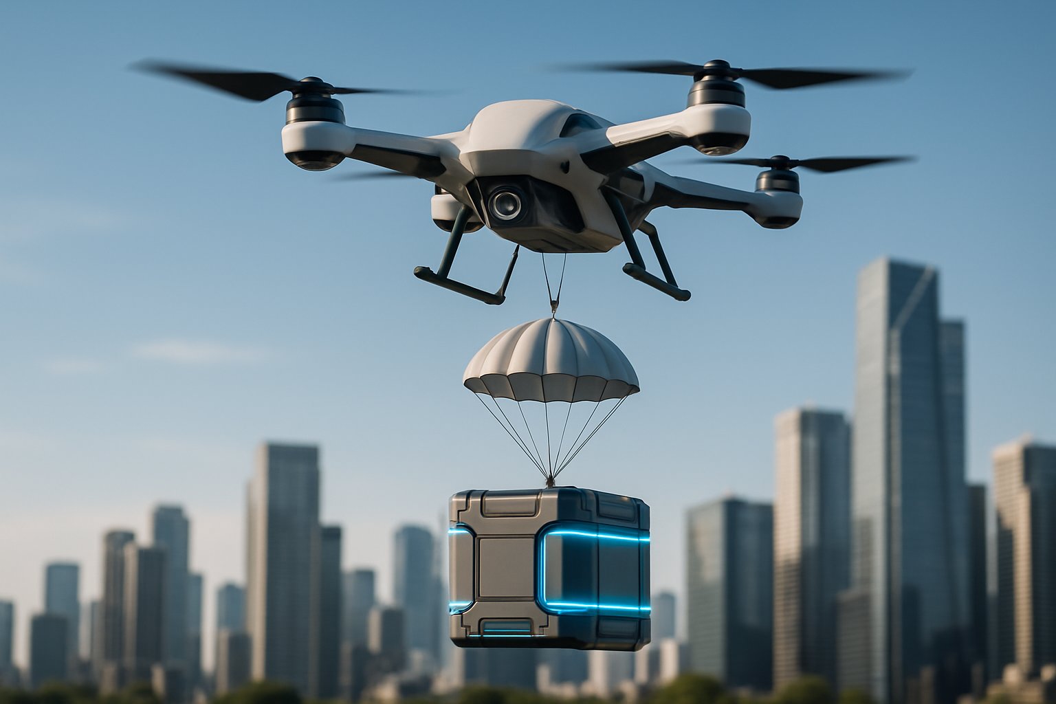 A drone releasing a high-tech cargo container over a modern city during the day.