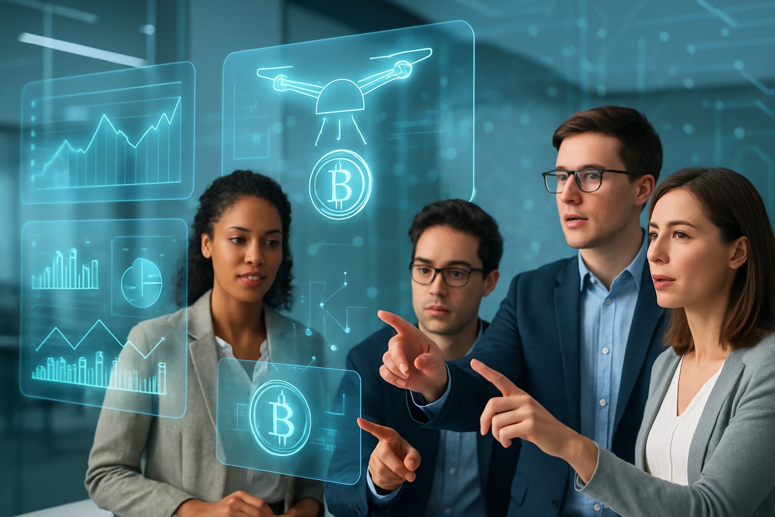 A group of professionals discussing digital financial data with futuristic holographic screens showing graphs and blockchain symbols.