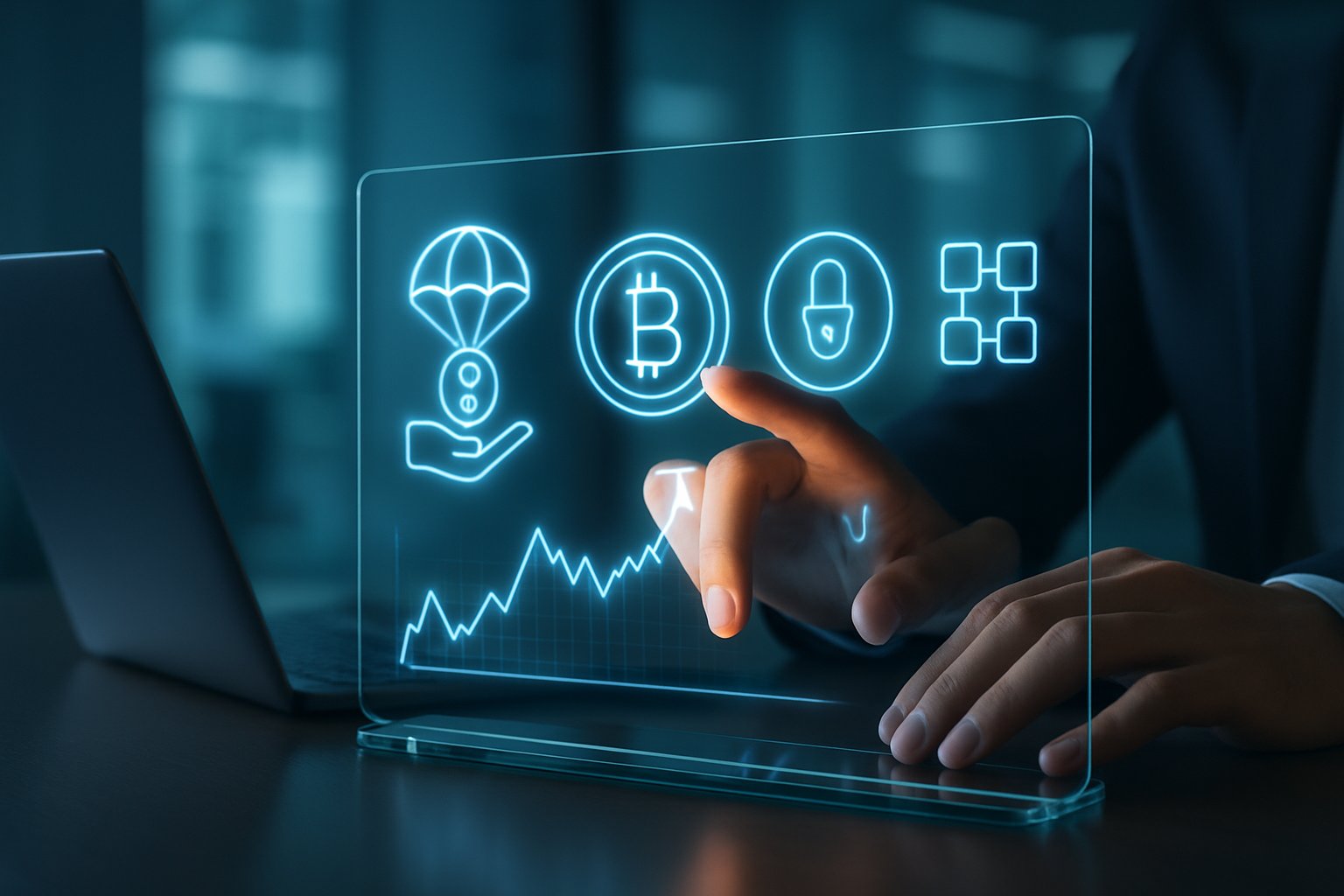 Hands interacting with a transparent touchscreen displaying digital cryptocurrency icons and charts in a modern office setting.
