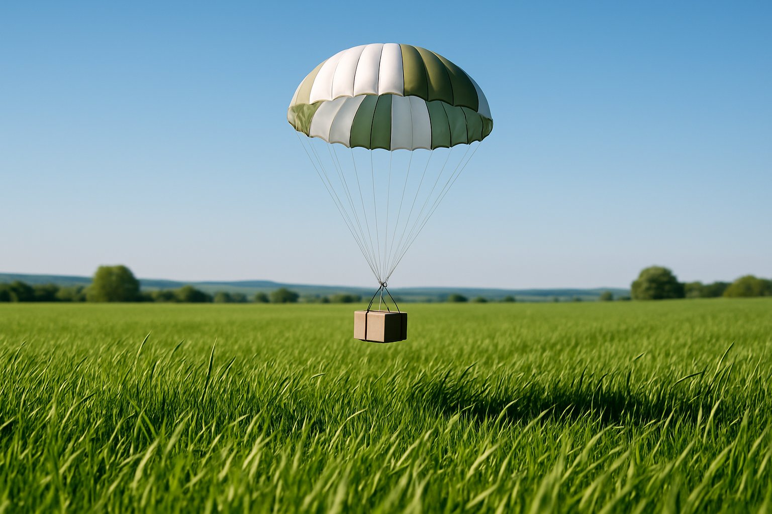 A grassy field with a small parachute airdrop descending towards the ground under a clear sky.