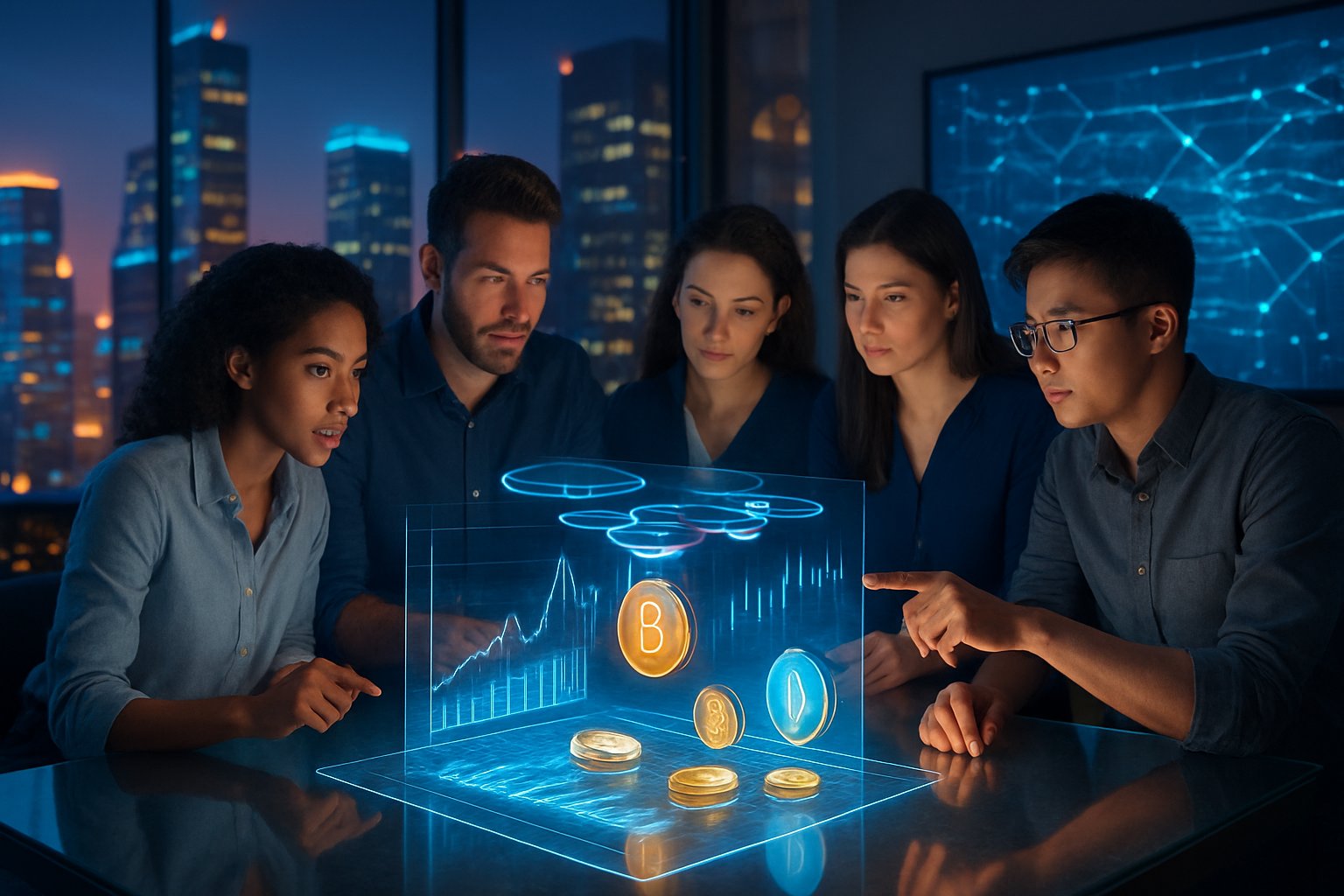 A group of professionals interacting with a holographic digital interface in a modern city setting at dusk.