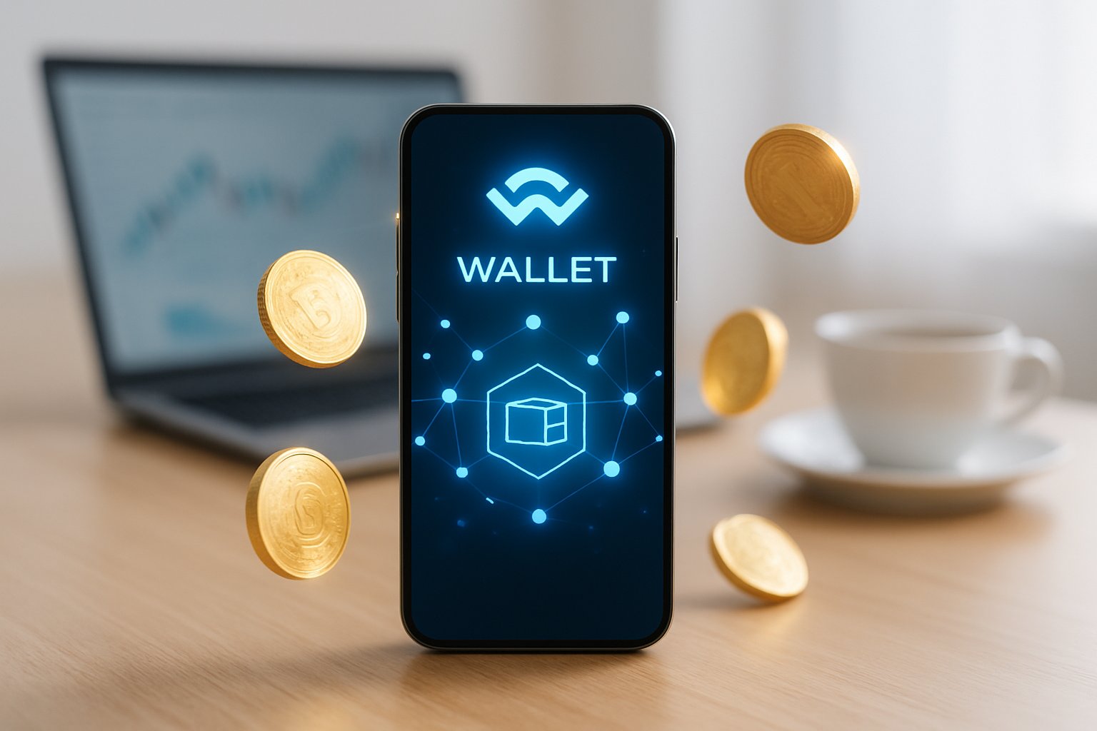 A smartphone showing a digital wallet interface with floating cryptocurrency tokens above it on a clean workspace with a laptop and coffee cup.