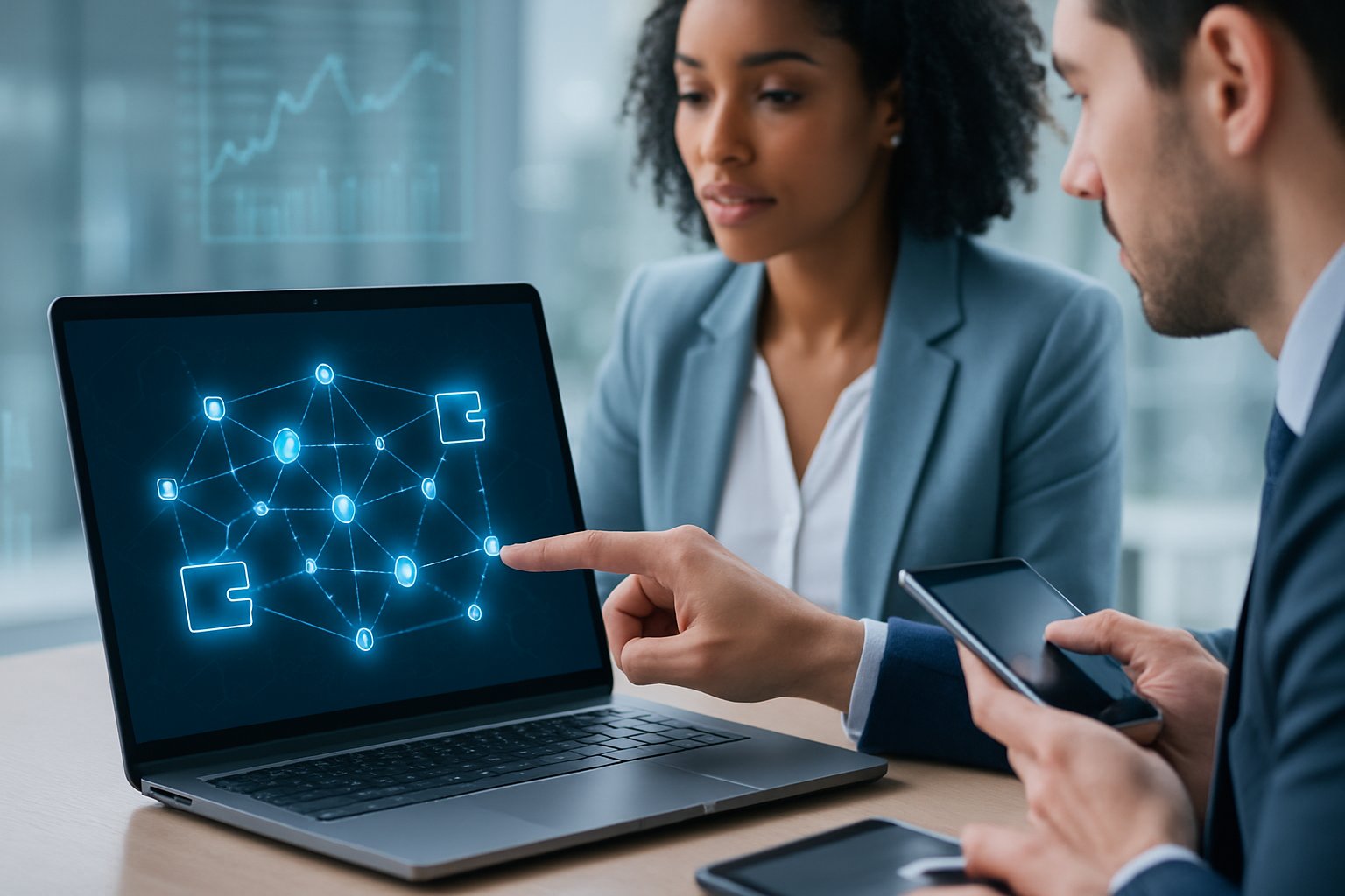A group of professionals collaborating around a laptop showing blockchain graphics and digital charts in a modern office.