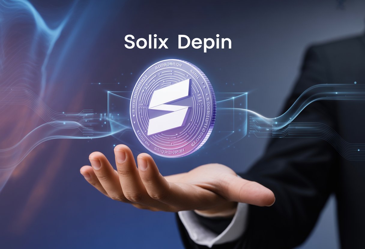A hand holding a glowing holographic digital coin surrounded by network data streams in a futuristic digital environment.