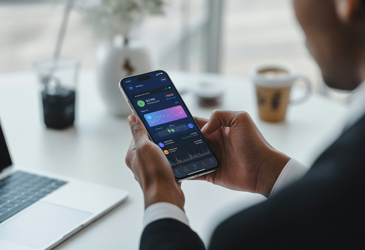 Close-up of hands holding a smartphone displaying a digital wallet interface with a blurred modern workspace background.
