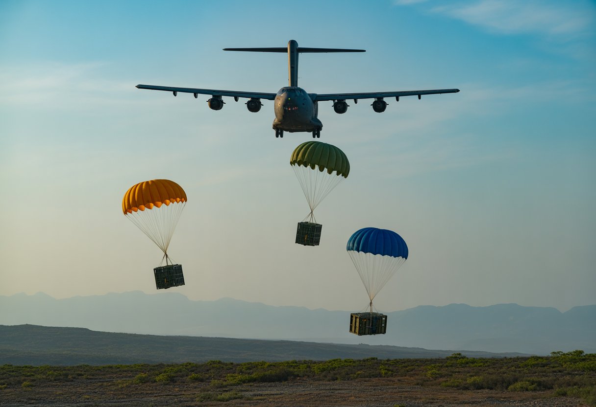 Cargo plane dropping supply crates with parachutes over a rugged mountainous landscape.