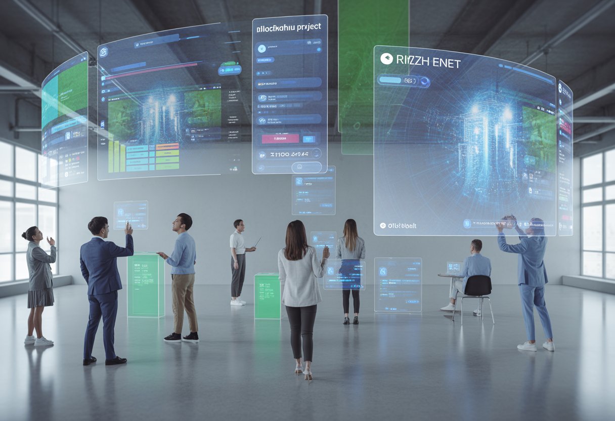 A group of people interacting with futuristic digital holographic screens displaying blockchain data in a modern office.