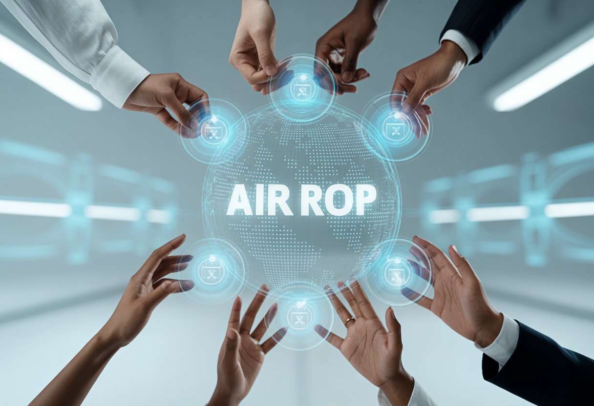 Multiple hands reaching towards floating digital tokens in a futuristic tech environment.