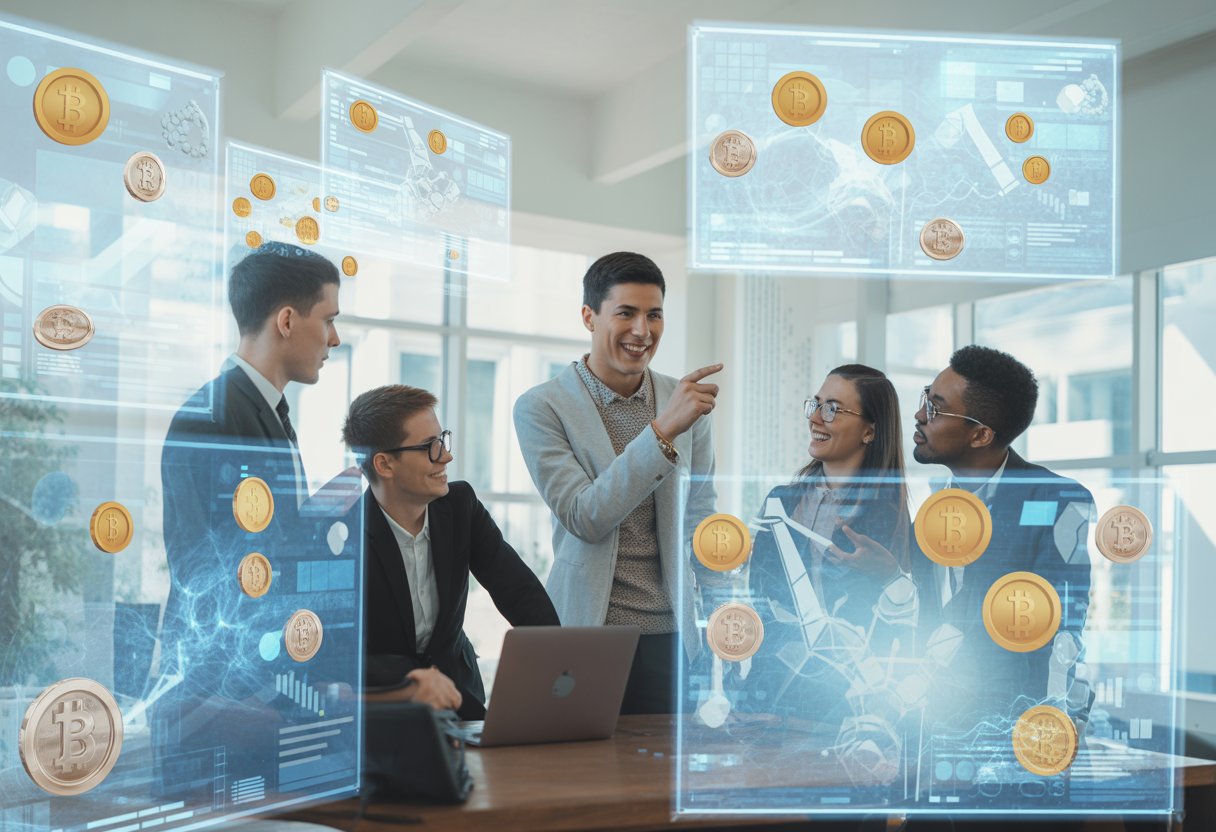A group of young professionals discussing digital cryptocurrency tokens displayed on transparent screens in a modern office.
