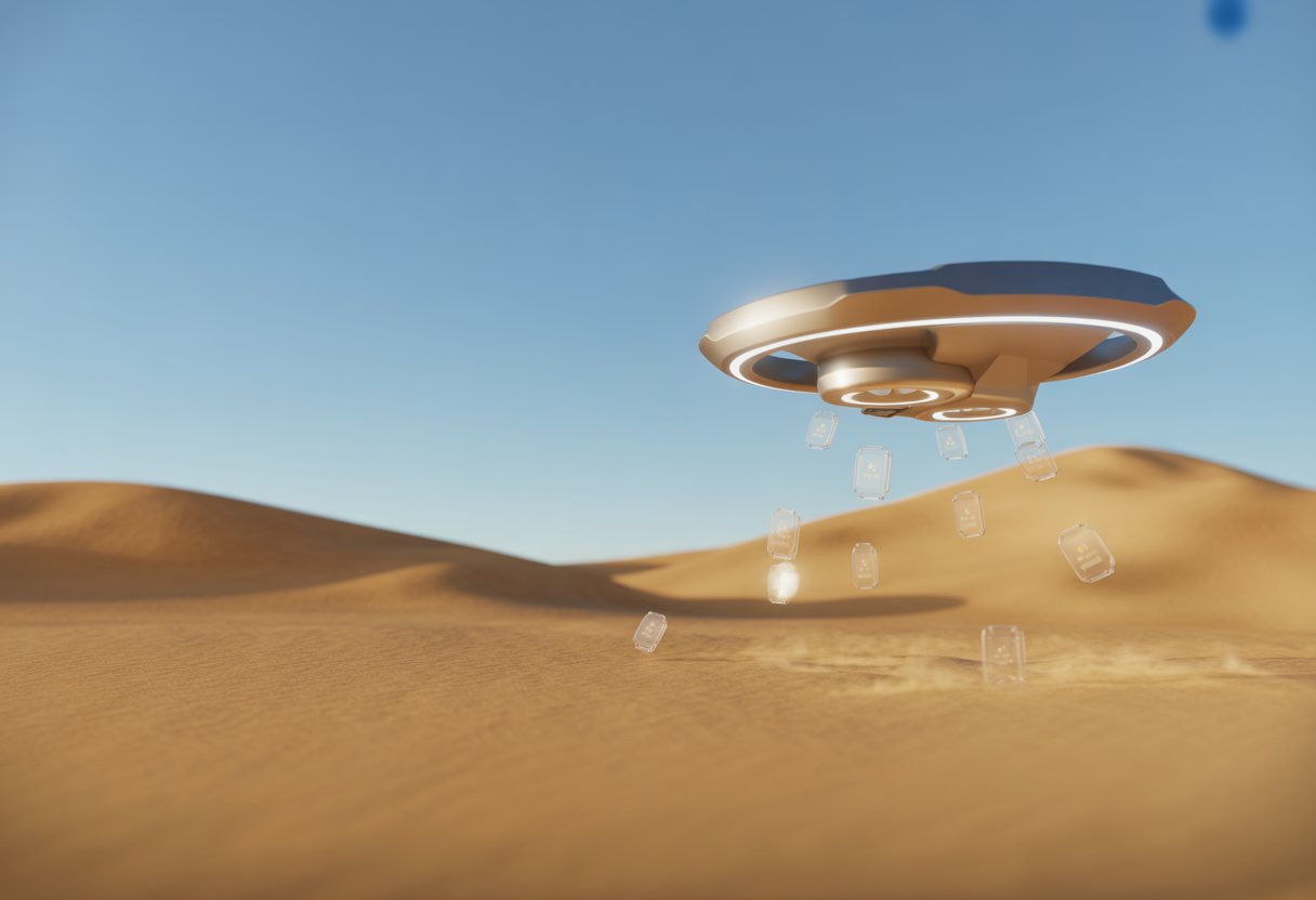 A drone hovering over a desert, releasing glowing digital tokens that float down over sand dunes under a clear sky.