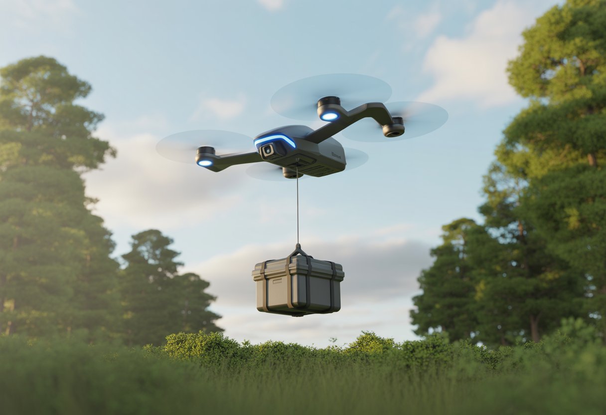 A drone rapidly descending over a forest clearing, lowering a package by cable during a daytime delivery.