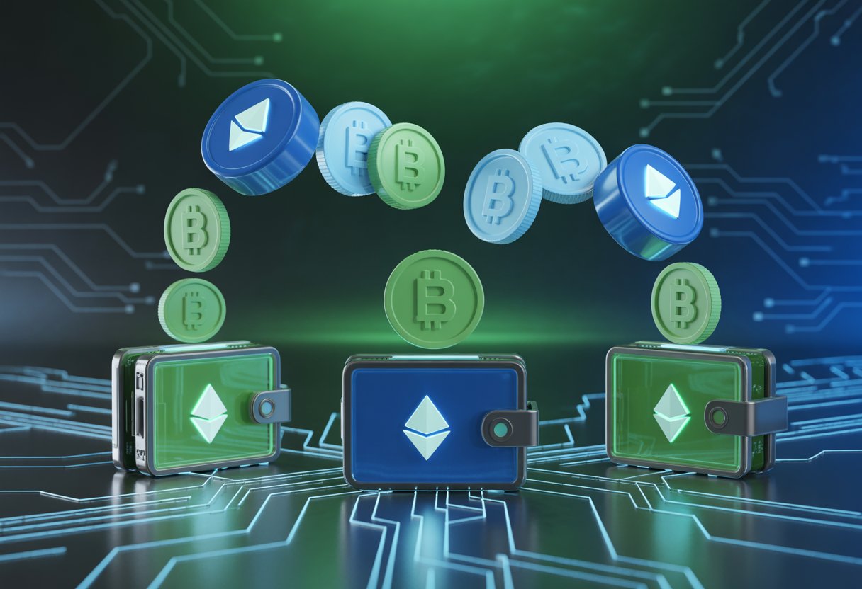 Digital tokens being distributed from a central source into multiple virtual wallets in a futuristic digital environment.