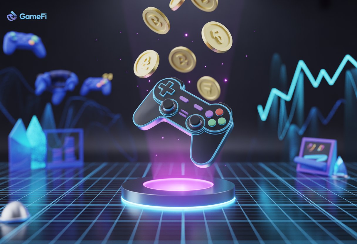 A futuristic digital scene showing a 3D game controller above a glowing blockchain grid with digital tokens descending around it.