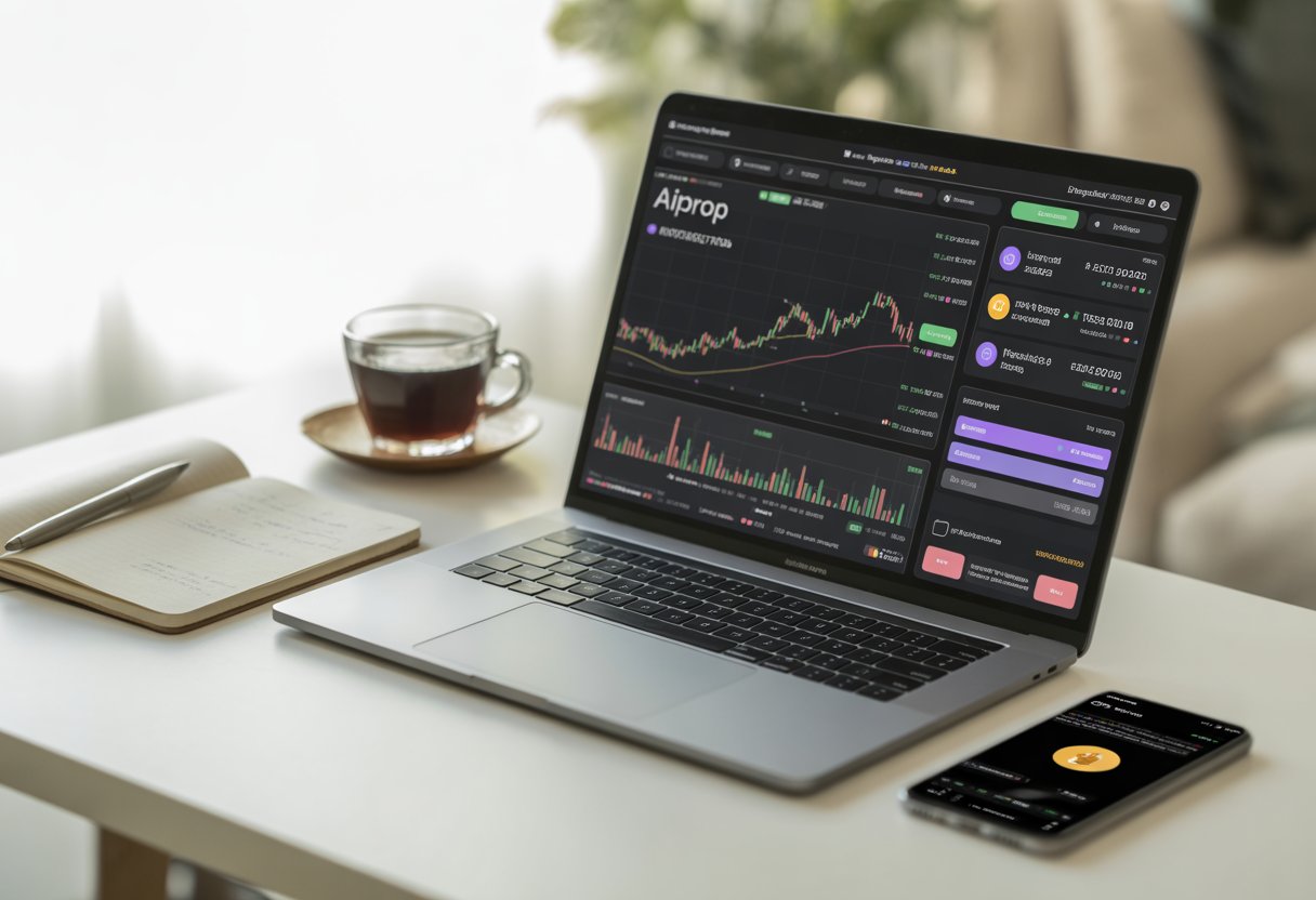 A modern workspace with a laptop showing cryptocurrency charts and a smartphone displaying a digital wallet on a desk with a coffee cup and notebook.