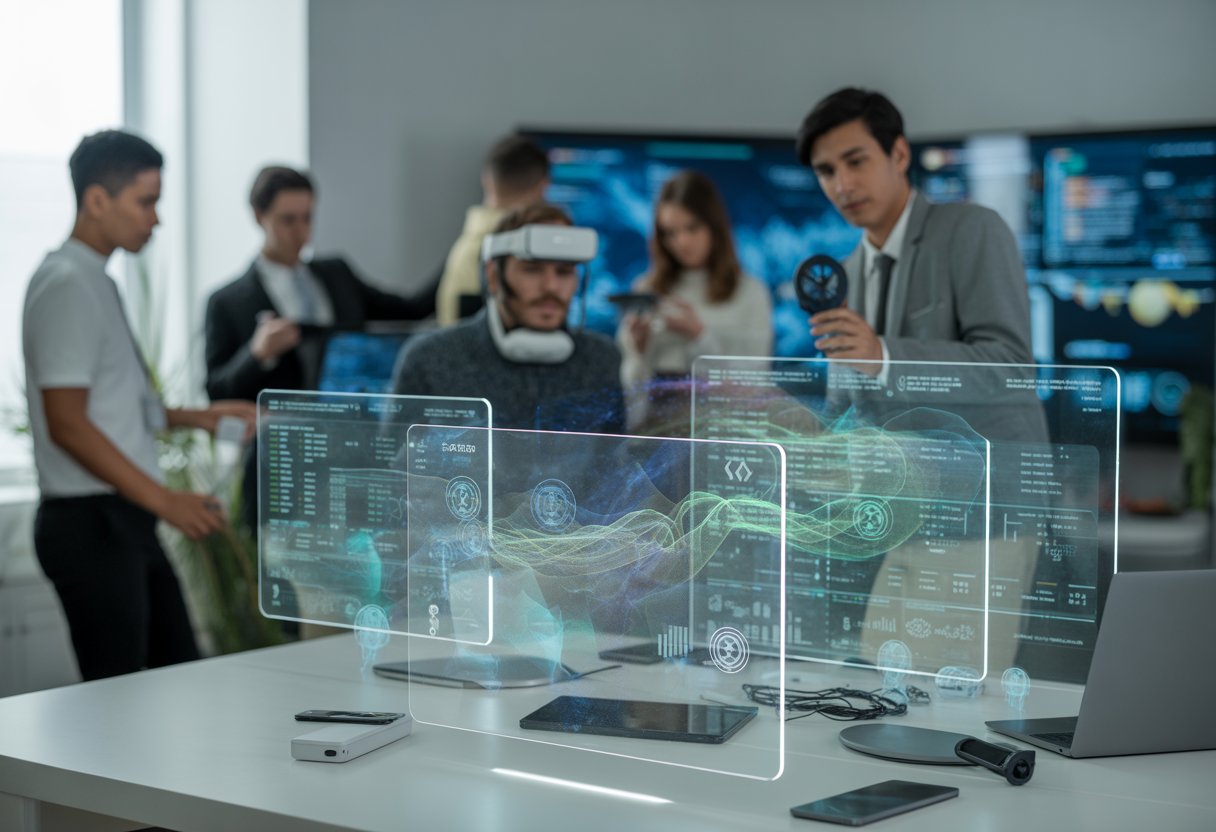 A group of young professionals working together in a modern office with holographic digital displays showing abstract data and blockchain symbols.