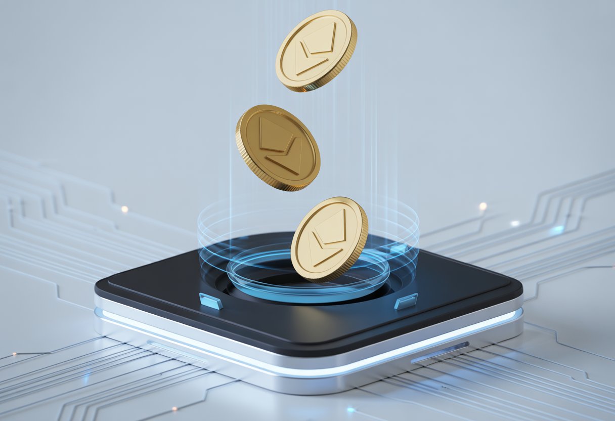 A digital terminal releasing golden coins in a futuristic tech environment representing cryptocurrency distribution.