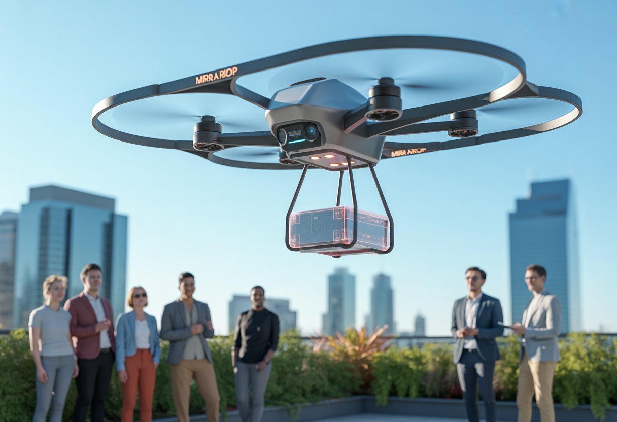 A modern drone delivering a package over a rooftop garden with people watching and city buildings in the background.