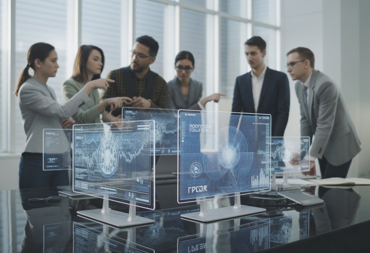 A group of professionals collaborating around a desk with floating digital holograms showing blockchain networks and digital tokens.