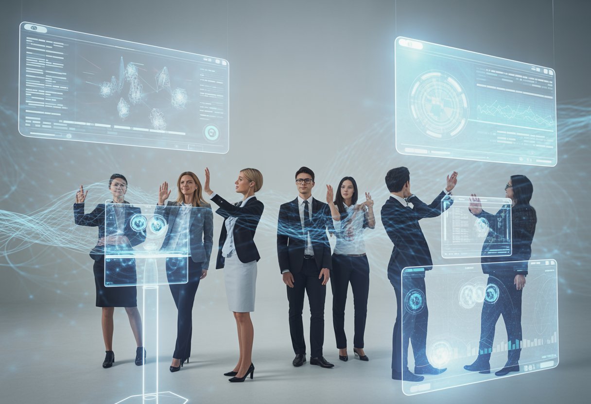 A group of professionals interacting with holographic screens showing blockchain data and digital tokens floating in a modern workspace.