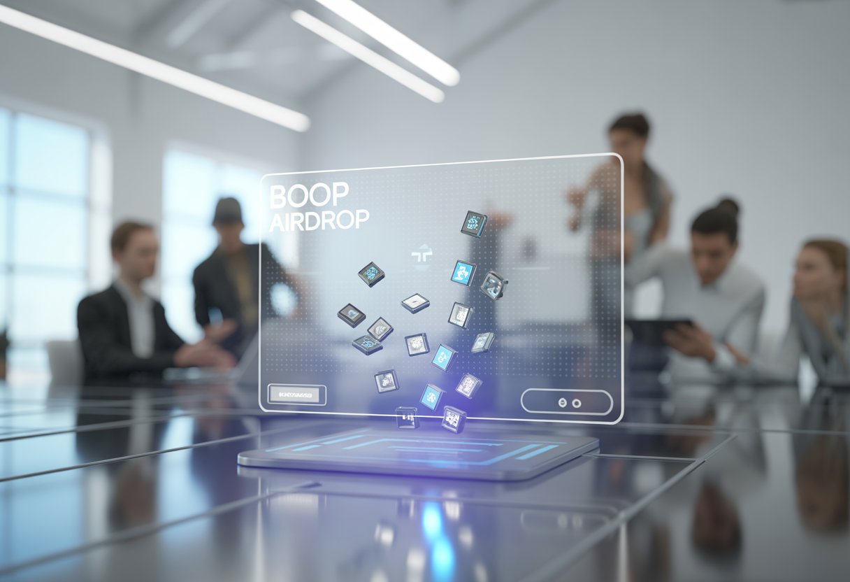 A holographic digital interface showing glowing icons descending above a desk in a modern office with people working in the background.