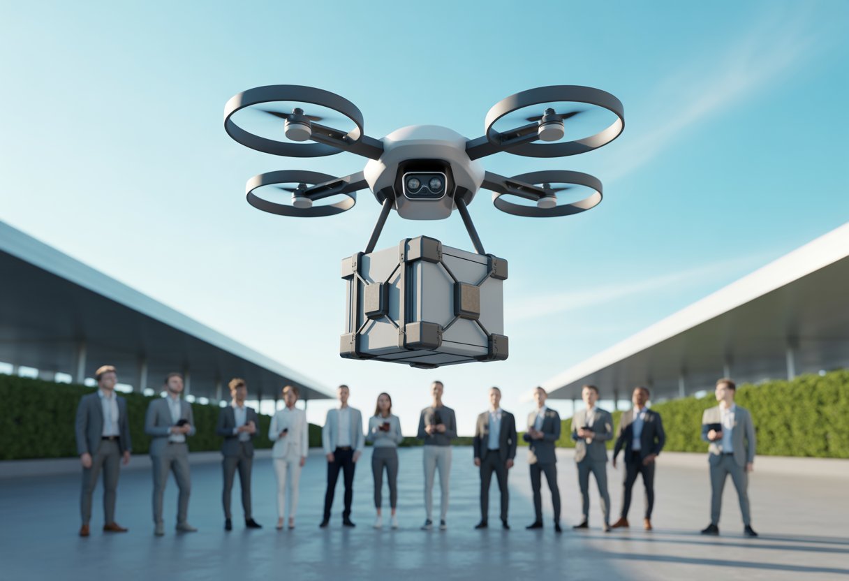A drone hovering in the sky releasing a secure package while people stand below ready to receive it in an open urban area.