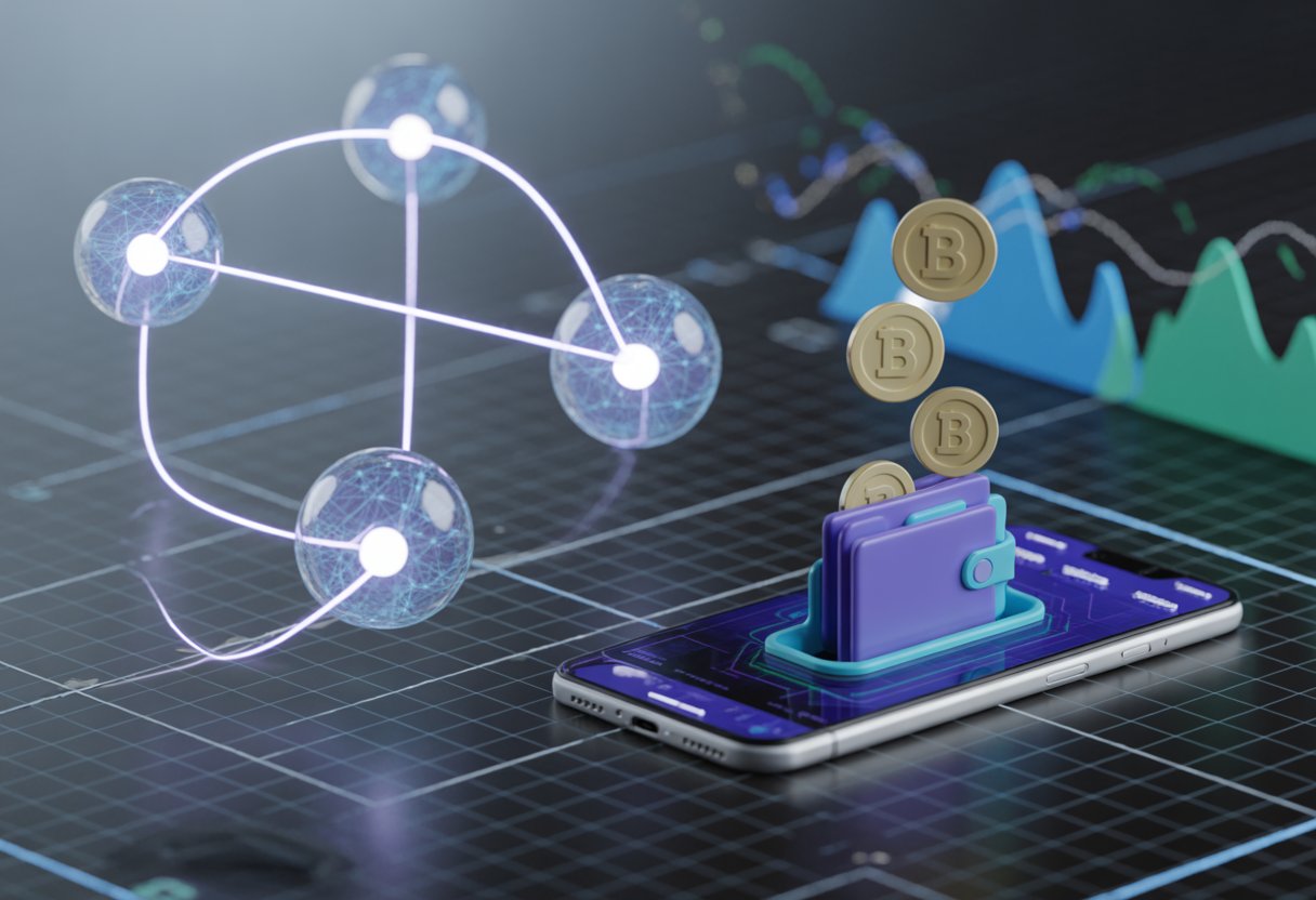 A smartphone showing digital tokens floating above its screen with a futuristic network of glowing blockchain nodes in the background.