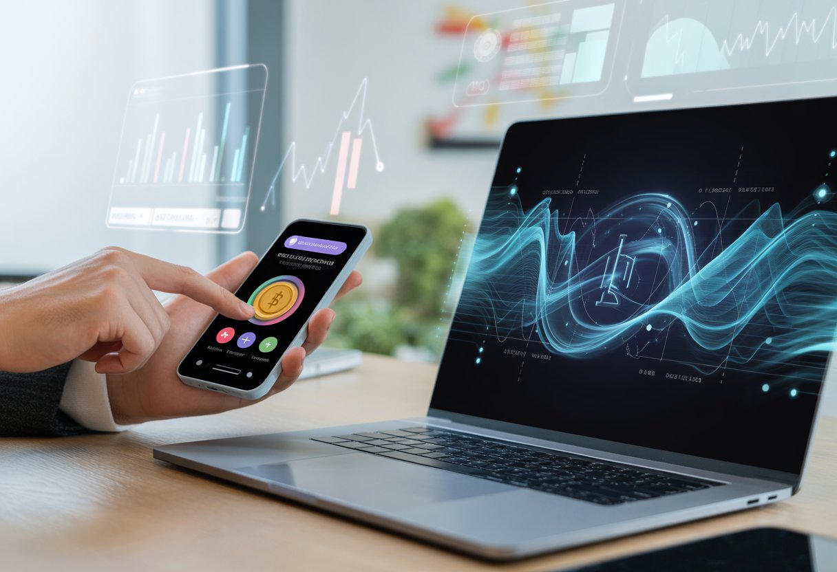 A person using a smartphone and laptop in a bright office, interacting with digital cryptocurrency graphics and app icons.