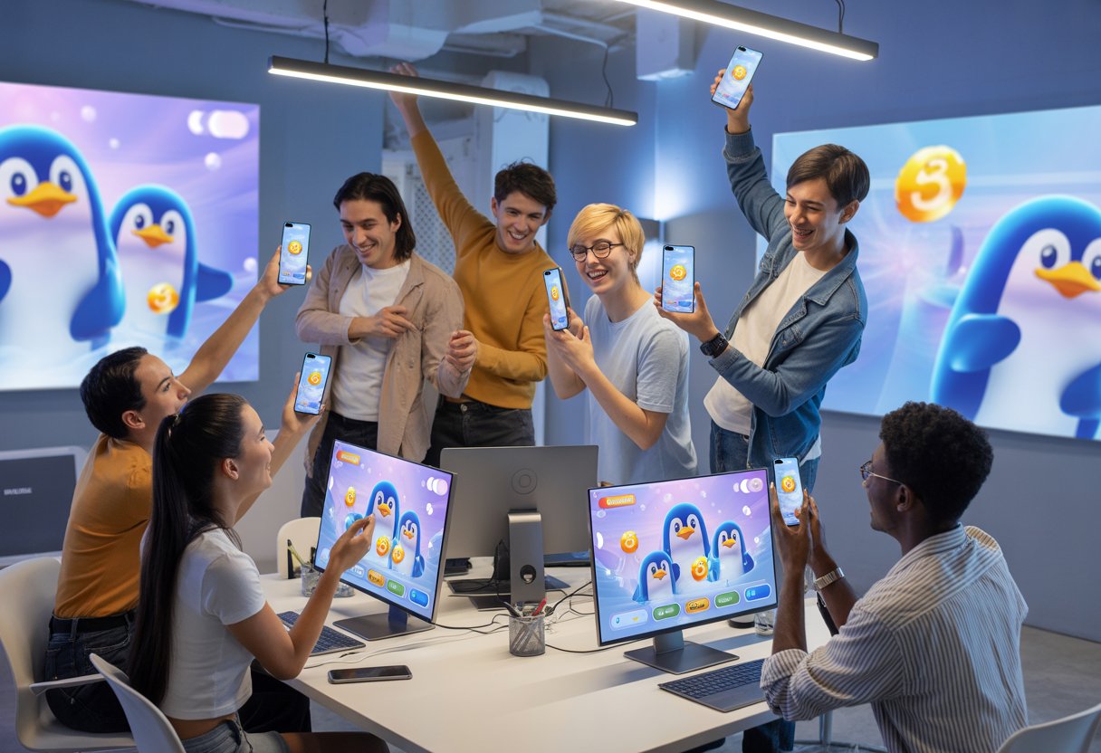 A group of young adults using computers and smartphones to participate in a digital airdrop event featuring animated penguin characters.