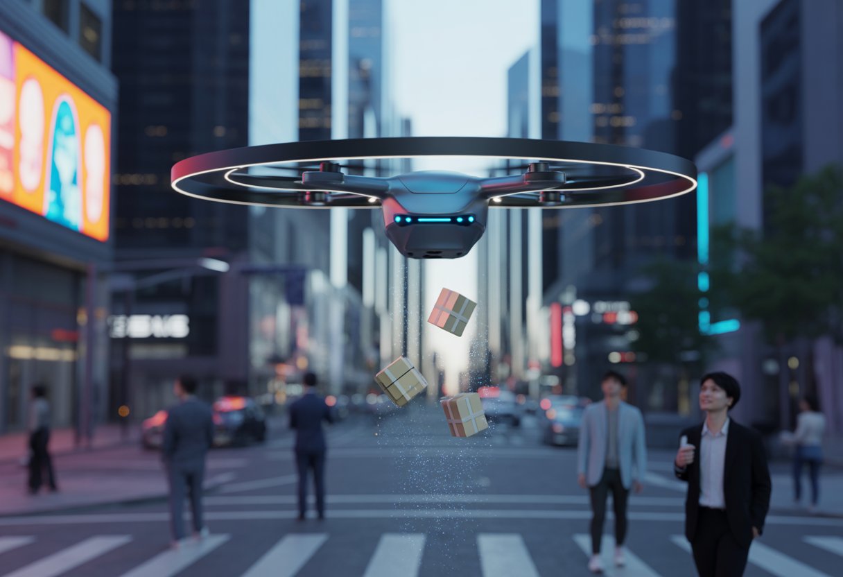A drone hovering above a city street at dusk, releasing glowing packages while people watch from below.