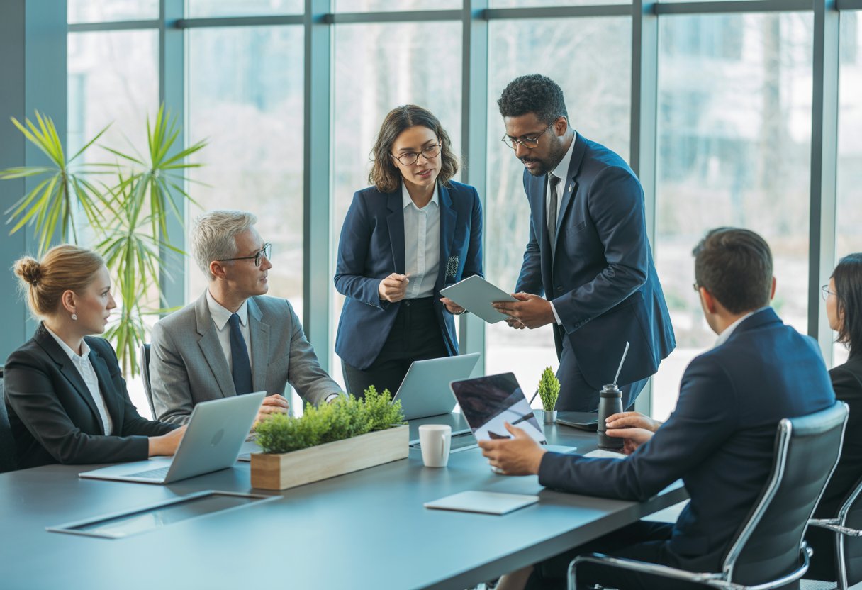 A group of business professionals working together around a conference table in a modern office.