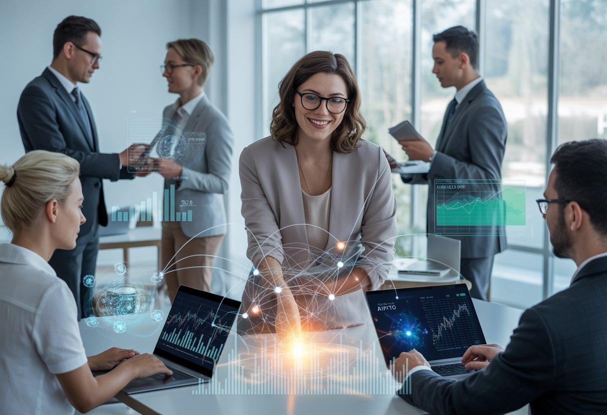 A group of business professionals collaborating in a bright office with digital holograms and data visuals representing a blockchain ecosystem.