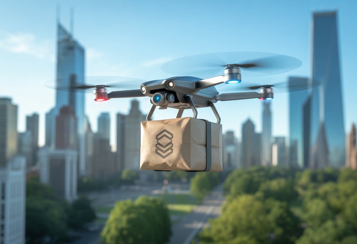 A drone carrying a secure package flying over a city with skyscrapers and parks during the day.