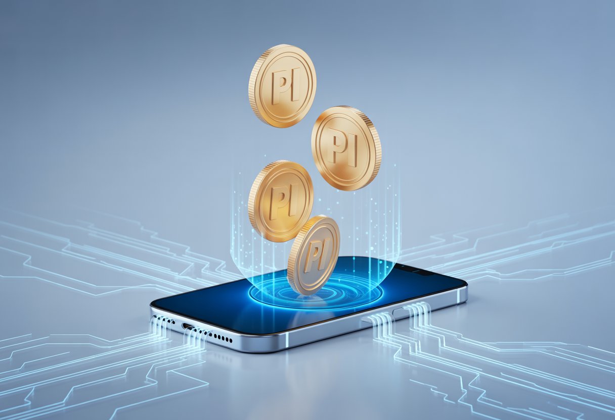 A smartphone displaying floating Pi Coin symbols with digital data streams and abstract coins around it, representing a cryptocurrency airdrop.
