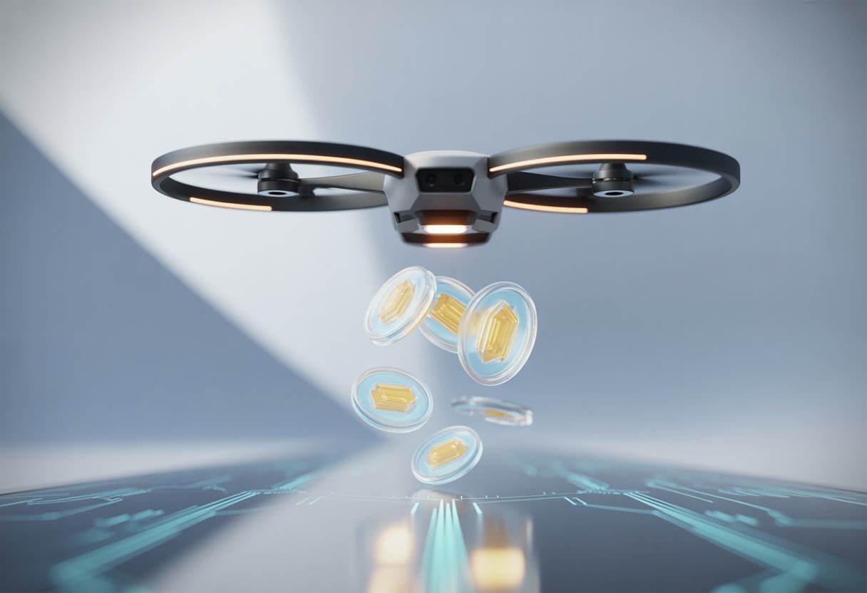 A drone releasing glowing digital tokens in a modern urban setting.