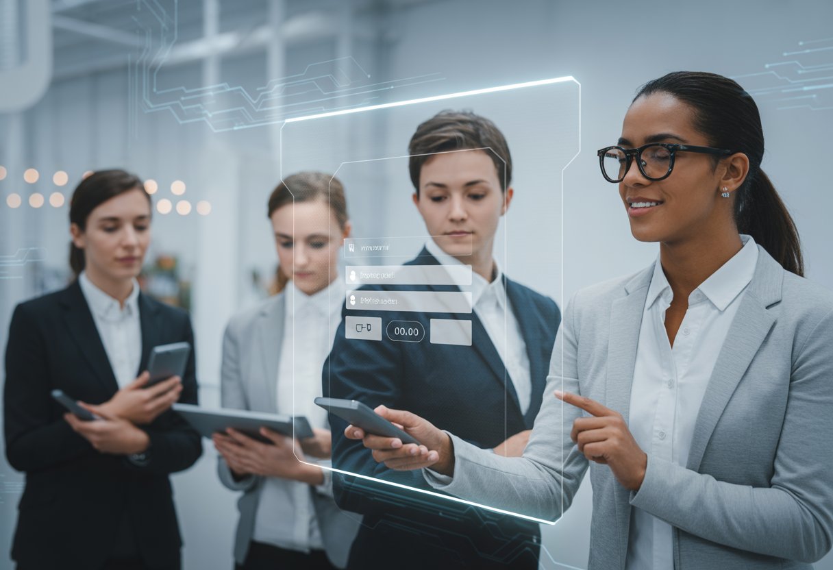A group of young professionals interacting with a futuristic digital login interface in a bright, modern office.